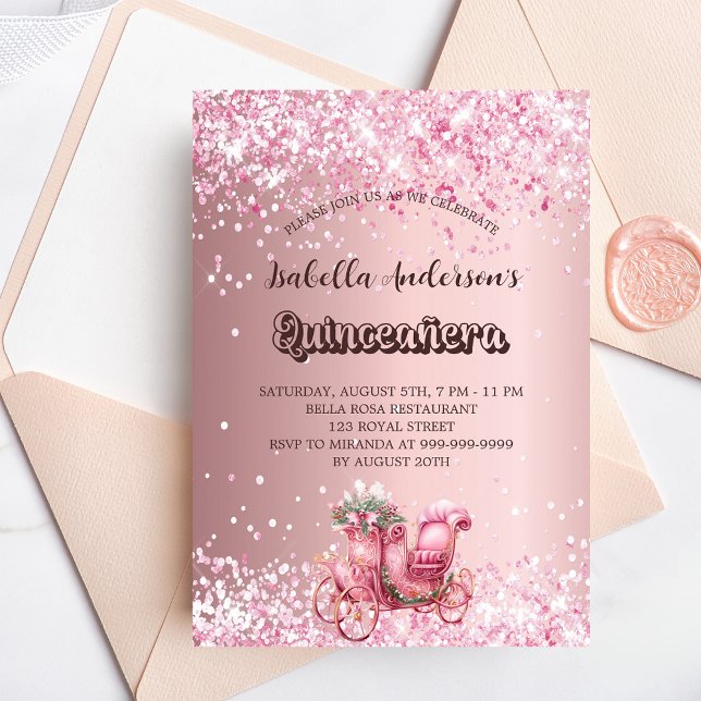 Quinceanera pink carriage elegant party invitation postcard (Creator Uploaded)