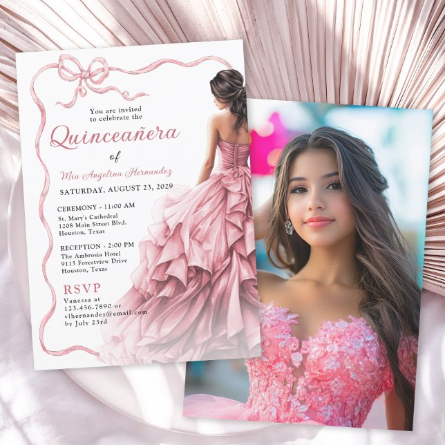 Quinceañera Pink Dress Scalloped Ribbon Bow Photo Invitation (Available in both printed and instant download digital formats.)