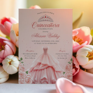 Quinceanera Pink Dress Silver Floral Invitation