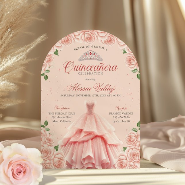 Quinceanera Pink Dress Silver Floral Invitation (Creator Uploaded)