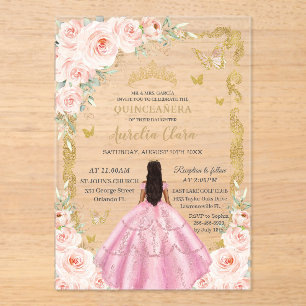 Quinceañera Pink Dress Vintage Gold Blush Floral Acrylic Invitations