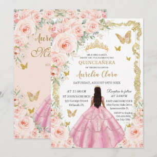 Quinceañera Pink Dress Vintage Gold Blush Floral Invitation
