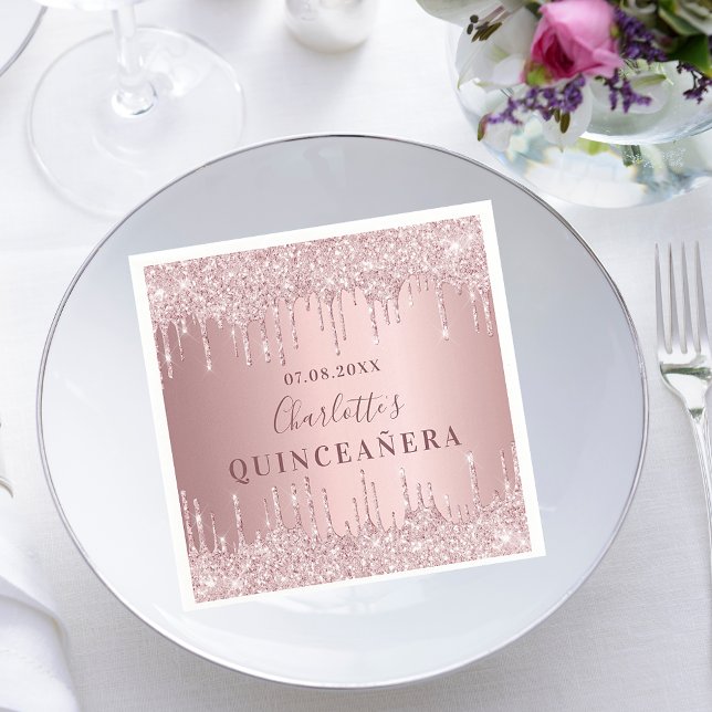 Quinceanera pink dusty rose glitter monogram napkin (Creator Uploaded)