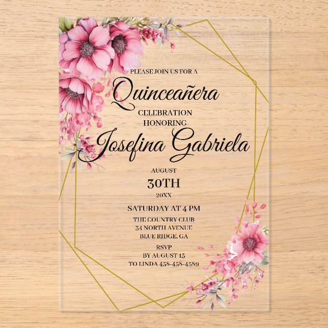 Quinceanera pink floral acrylic invitations (Front)