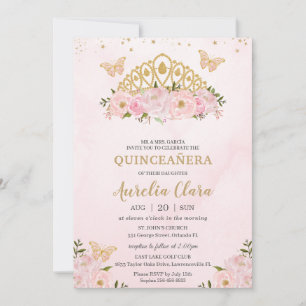 Quinceañera Pink Floral Butterflies Princess Crown Invitation