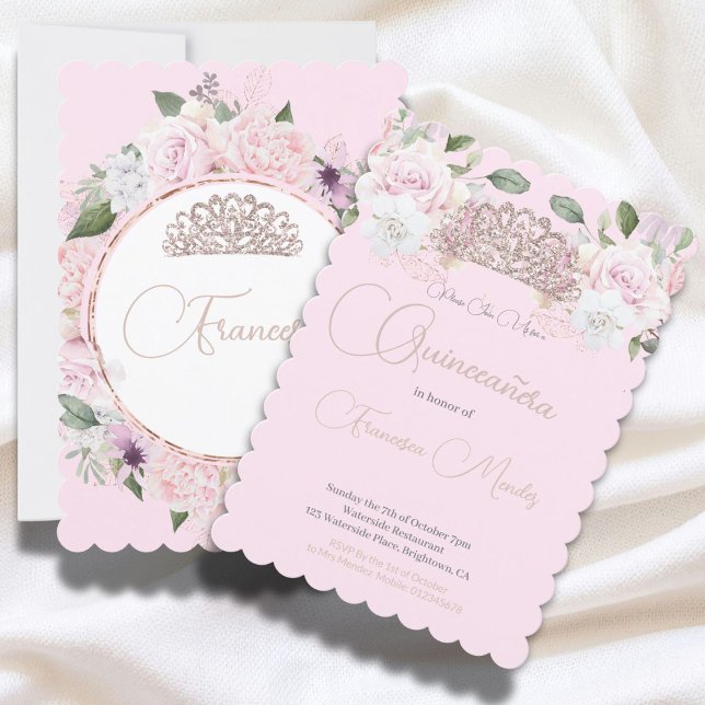 Quinceanera Pink Floral Chic Tiara Modern  Invitation (Creator Uploaded)