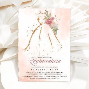 Quinceañera Pink Floral Gold Dress 15th Birthday Invitation