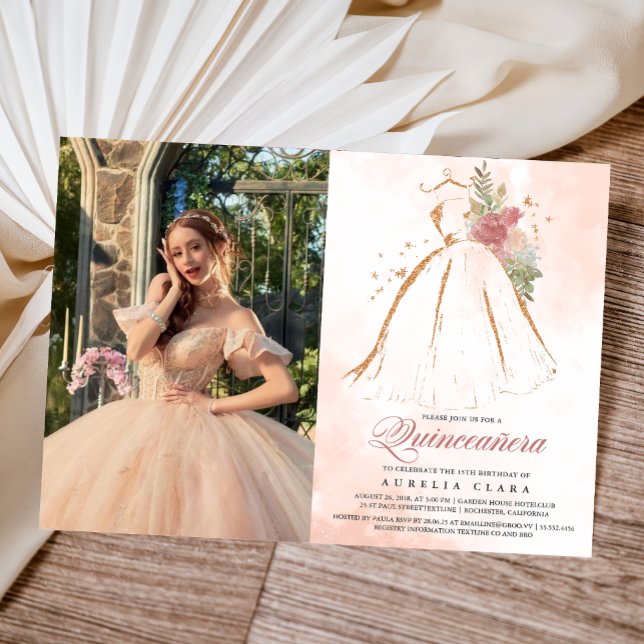 Quinceañera Pink Floral Gold Dress 15th Birthday Invitation (Creator Uploaded)