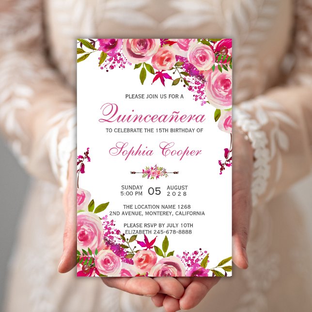 Quinceañera Pink Floral Mis Quince Anos Invitation (Creator Uploaded)