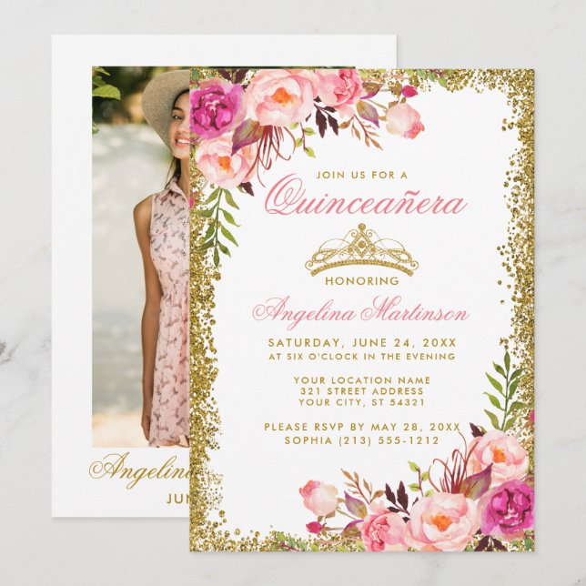 Quinceanera Pink Floral Photo Gold Glitter Crown Invitation (Front/Back)
