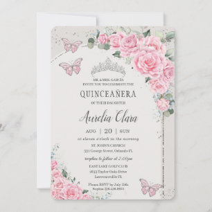 Quinceañera Pink Floral Princess 15 Años Butterfly Invitation