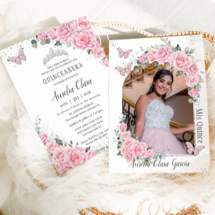 Quinceañera Pink Floral Princess Butterflies Photo Invitation