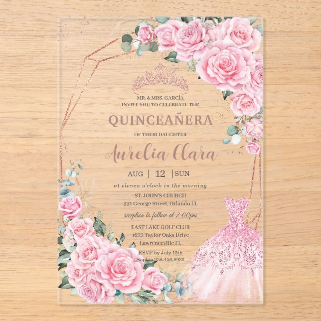 Quinceanera Pink Floral Princess Dress Rose Gold Acrylic Invitations (Front)