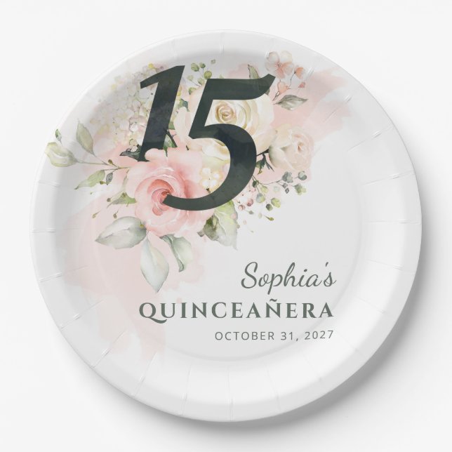 Quinceanera Pink Floral Rustic 15th Birthday Party Paper Plate (Front)