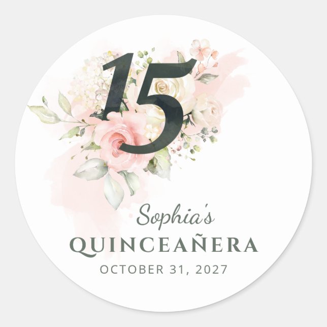 Quinceanera Pink Floral Rustic Blush 15th Birthday Classic Round Sticker (Front)