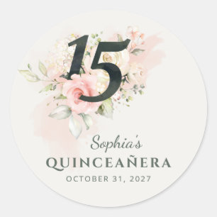 Quinceanera Pink Floral Rustic Blush 15th Birthday Classic Round Sticker