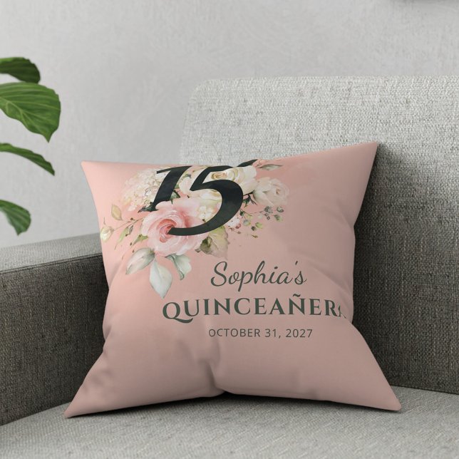 Quinceanera Pink Floral Rustic Blush 15th Birthday Cushion (Floral Quinceanera Modern 15th Birthday Throw Pillow)