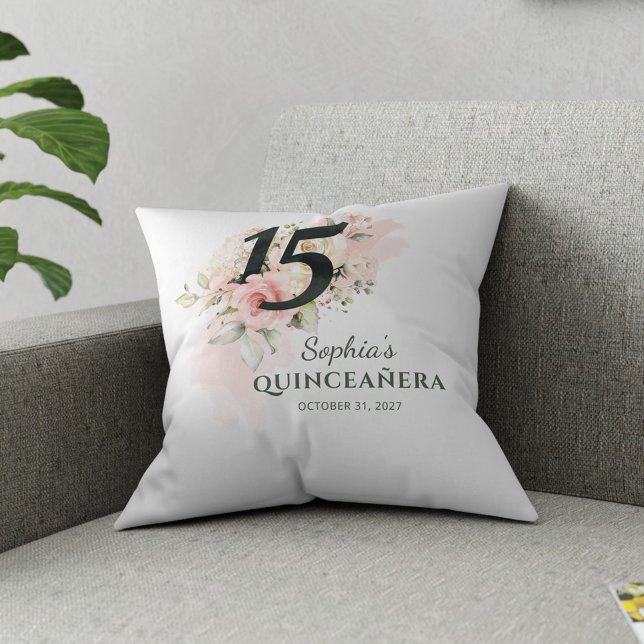 Quinceanera Pink Floral Rustic Blush 15th Birthday Cushion (15th Birthday Quinceanera Pink Floral Throw Pillow)
