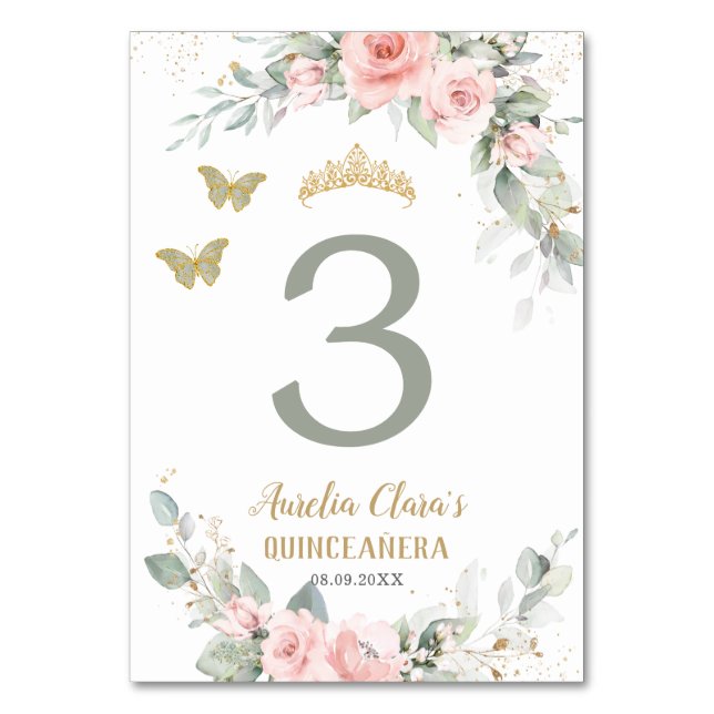 Quinceañera Pink Floral Sage Green Butterflies Table Number (Front)