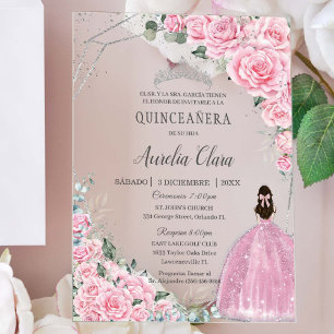 Quinceañera Pink Floral Silver 15 Birthday Spanish Acrylic Invitations