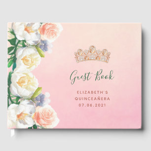 Quinceanera pink flowers tiara glamourous name guest book
