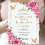 Quinceañera Pink Fuchsia Floral Gold Butterflies Invitation<br><div class="desc">Personalise this lovely quinceañera invitation with own wording easily and quickly,  simply press the customise it button to further re-arrange and format the style and placement of the text.  Matching items available in store!  (c) The Happy Cat Studio</div>