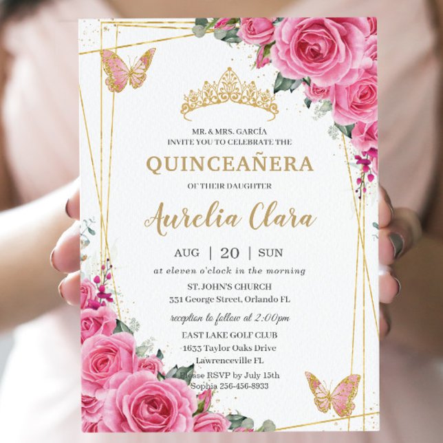 Quinceañera Pink Fuchsia Floral Gold Butterflies Invitation (Creator Uploaded)