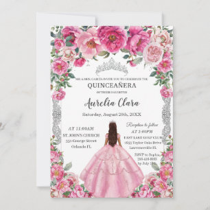 Quinceañera Pink Fuchsia Flowers Dress Gown Silver Invitation