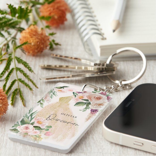 Quinceañera Pink girly floral dress birthday  Key Ring (Front Right)