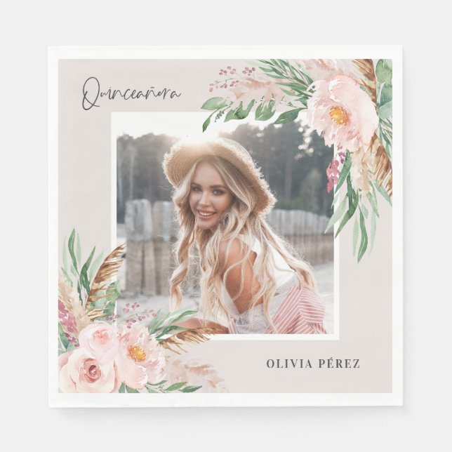 Quinceañera Pink girly floral photo birthday Invit Napkin (Front)