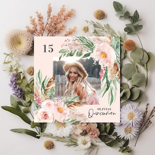 Quinceañera pink girly floral photo pampas elegant invitation