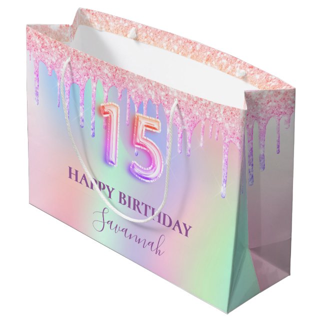 Quinceanera pink glitter drips rainbow monogram large gift bag (Back Angled)