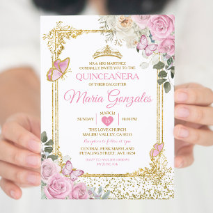 Quinceañera Pink & Gold Crown Mexican Butterfly Invitation