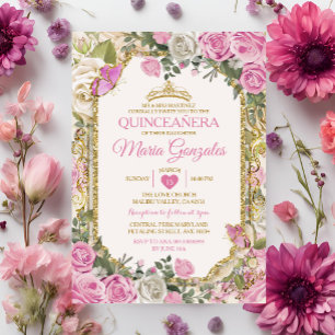 Quinceañera Pink & Gold Crown Mexican Butterfly Invitation