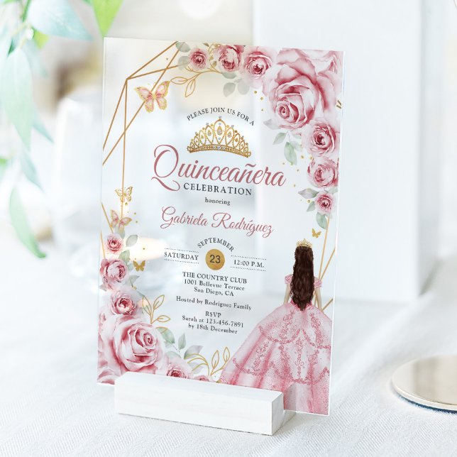 Quinceanera Pink Gold Dress Floral Acrylic Invitations (Creator Uploaded)