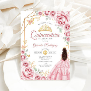 Quinceanera Pink Gold Dress Floral Invitation