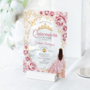 Quinceanera Pink Gold Floral Acrylic Invitations