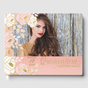 Quinceanera Pink Gold Floral Botanical Guest Book
