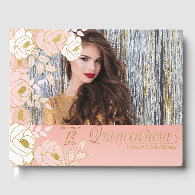 Quinceanera Pink Gold Floral Botanical Guest Book (Front)