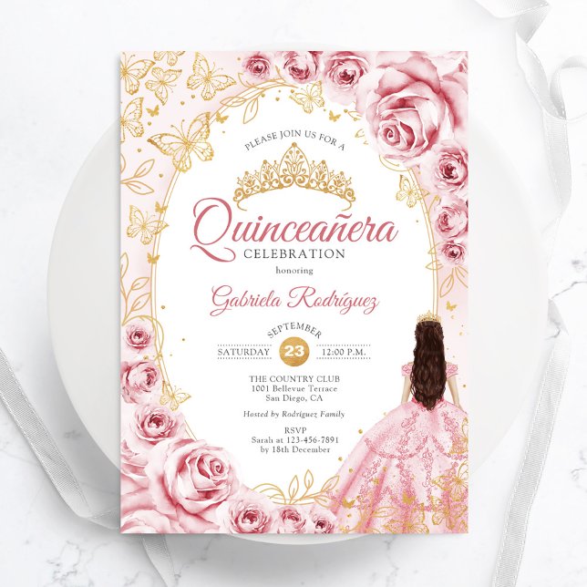 Quinceanera Pink Gold Floral Invitation (Creator Uploaded)