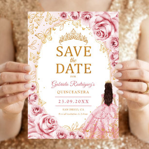 Quinceanera Pink Gold Floral Save The Date