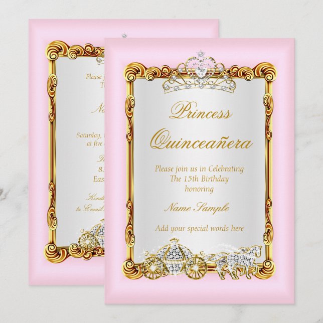 Quinceanera Pink Gold Horse Carriage Fairytale Invitation (Front/Back)