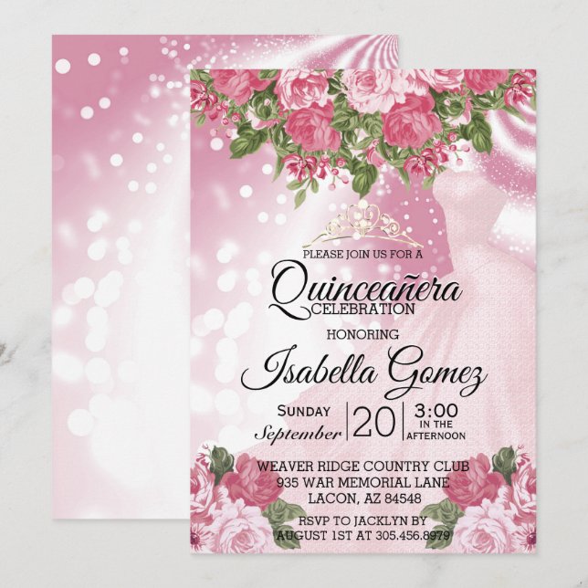 Quinceañera  Pink Mauve Gown and Flowers Invitation (Front/Back)