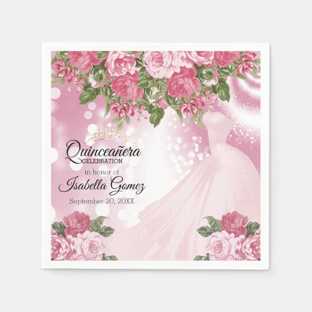 Quinceañera  Pink Mauve Gown and Flowers Napkin (Front)