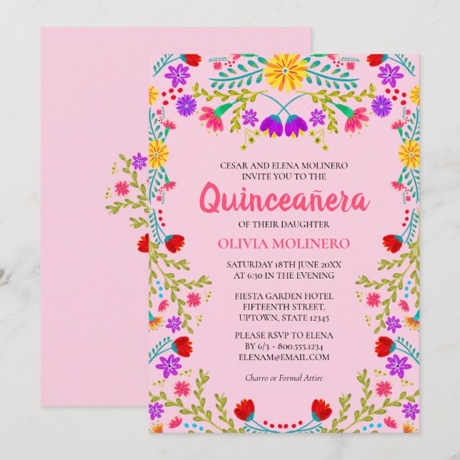 Quinceanera Pink Mexican Floral 15th Birthday Invitation (Front/Back)
