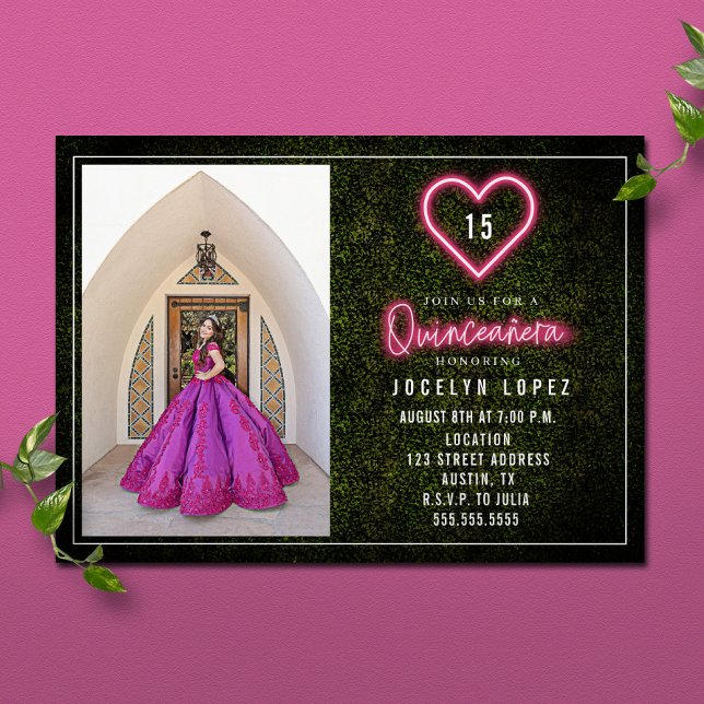 Quinceañera Pink Neon Lights Boxwood Heart Photo Invitation (Creator Uploaded)