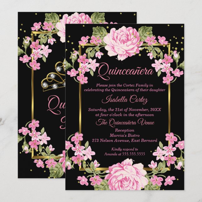 Quinceanera Pink Pretty Country Floral Gold Black Invitation (Front/Back)