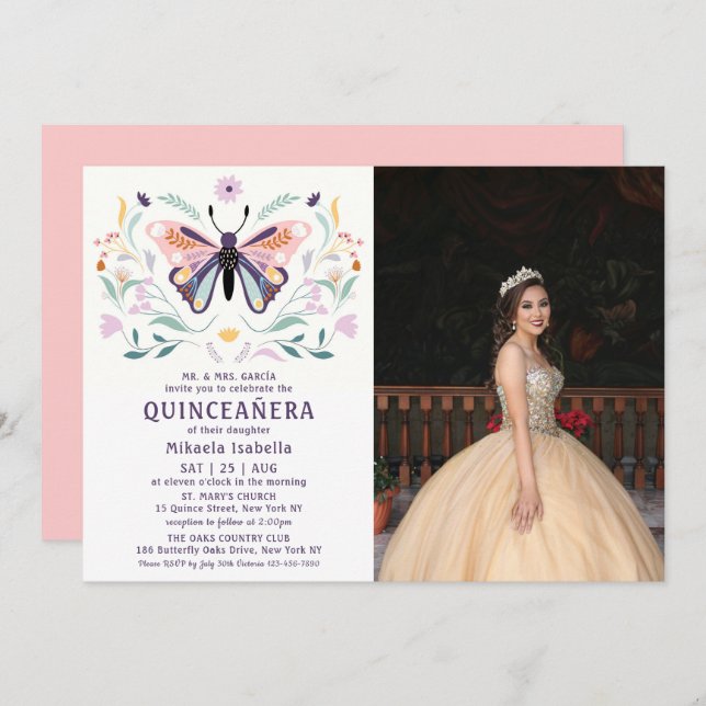 Quinceañera Pink Purple Butterfly Photo Floral Invitation (Front/Back)