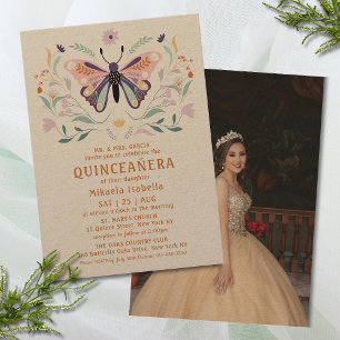 Quinceañera Pink Purple Butterfly Photo Floral Invitation