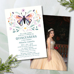 Quinceañera Pink Purple Butterfly Photo Floral Invitation